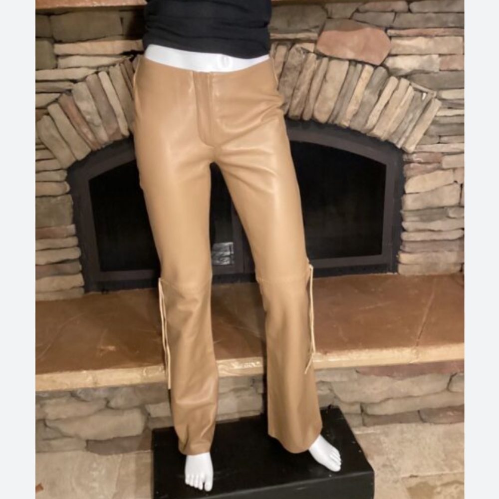 NWT Guess Collection Tan Leather Pants Women's 12 Buttery Soft Lined Fringe